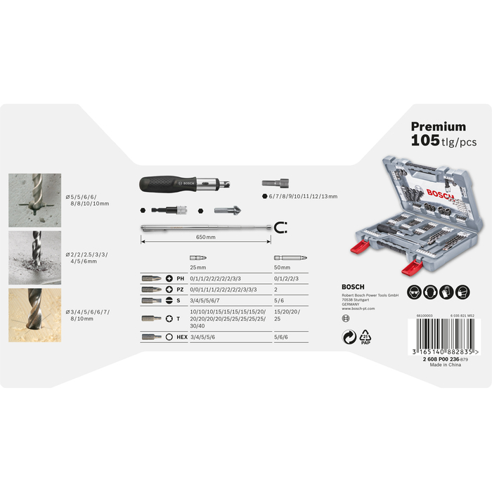 BOSCH Set 105 burghie și capete de șurubelniță Premium X-Line