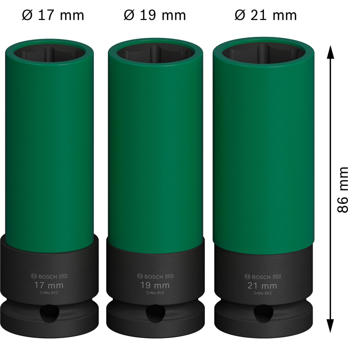 BOSCH PRO Impact Socket Set, cu capace PET, 1/2", foarte adânci, 3 buc.