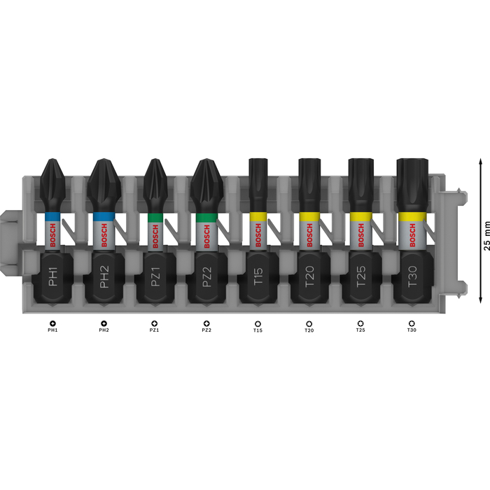 BOSCH Set de biți de înșurubare PRO Impact, PH1; PH2; PZ1; PZ2; T15; T20; T25; T30, 25 mm, 8 buc.