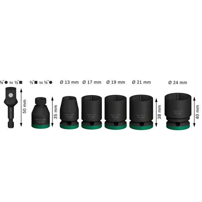 BOSCH Set de chei tubulare cu adaptor PRO Impact, 1/2", standard, 7 bucăți