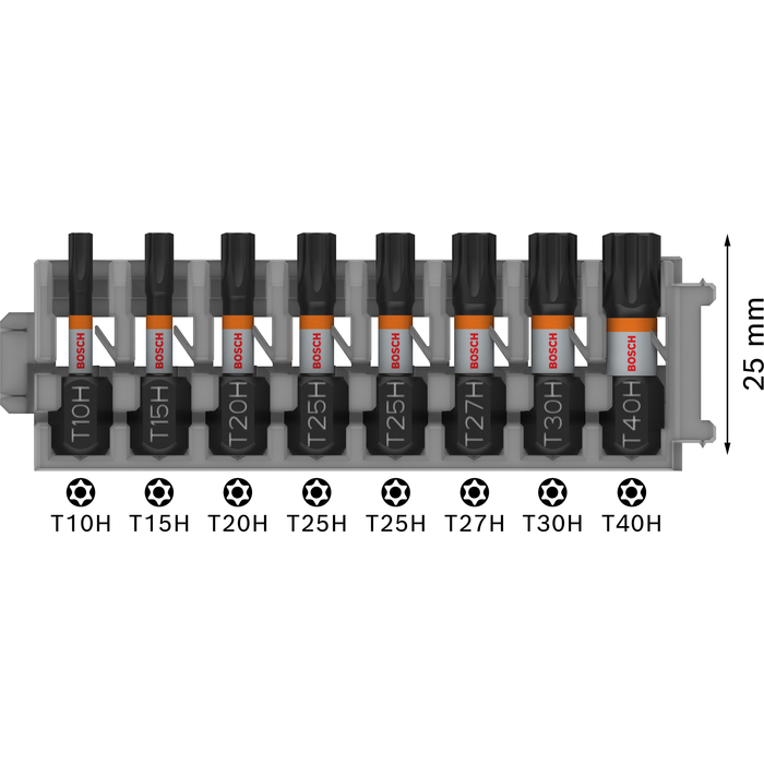 BOSCH Biți de înșurubare PRO TH Impact, T10H, T15H, T20H, T25H (x2), T27H, T30H, T40H, 25 mm, 8 buc.